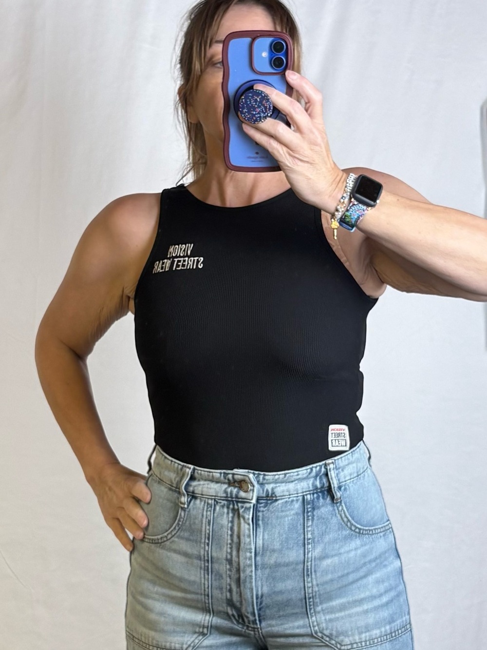 Women's Black Ribbed High-Neck Bodysuit with Patch